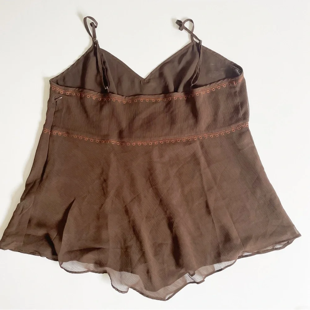 Vintage Y2K Brown Embroidered Beaded Spaghetti Strap Tank Top Cami - Picture 2 of 7